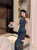 Chinese Style Woman Jacquard Satin Shoulder Digging Improved Slim Fit Cheongsam Printed Waist Cinching Dress Long S