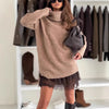 Women's Dress 2-piece Knitted Sweater Turtleneck Lace Loose Drop Shoulder Long Sleeve Female's Mini Skirt