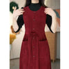 Winter Fake Two piece Corduroy Dress Stylish Women's Dress Draw pleats Slim Waist Dress Women's Retro Knee Over Middle Long