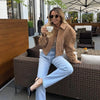 Solid Single Breasted Suede Short Jacket Women Full Sleeve Buckle Lapel Slim Shoulder Pad Coat Lady High Street Wear