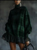 Retro Plaid Printed Ruffle Hem Dress for Women's Turtleneck Lantern Sleeve Elegant Flare Sleeve Casual Long Sleeve Mini Dress
