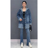 Retro Denim Hooded Coats for Women Blue Single Breasted Mid-length Loose Autumn Jackets