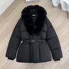 Winter Women Short Puffer Jacket Faux Fur Lapel Collar Waist Belt Design Solid Color Warm Elegant Daily Ladies Outerwear