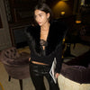 Black Fur Collar Leather Jacket Women Chic Solid Full Sleeves Waist Cinching V-neck Short Coat Lady High Street Outerwear