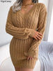 V Neck Casual Short Knit Dress Autumn Winter Women Solid Long Sleeve Dress Lady Khaki Bodycon Knitted Dresses