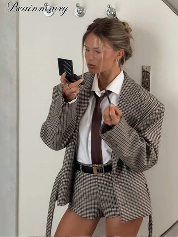 Retro Checked Lapel Jacket Shorts Set Women Full Sleeve Belted Buttons Pockets Blazer Suit Lady Commute Street Outfits