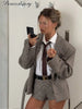 Retro Checked Lapel Jacket Shorts Set Women Full Sleeve Belted Buttons Pockets Blazer Suit Lady Commute Street Outfits