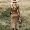 Western Retro Solid Suede Spliced Tassel Dress Woman Sexy Hollow Zipper Lapel Party Dress Autumn Long Sleeve Slim Bodycon Dress