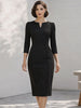 Women’s Elegant V Neck Autumn Solid Color Midi Dress Button Detail Pencil Dress Suitable for Office Work and Business Occasions