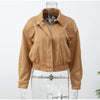 Brown Loose Short Suede Jacket Women Lapel Lantern Sleeves Zipper Outwears Lady Spring Daily Commute Street Coat