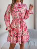 Elegant Mock Neck Belted Ruffle Hem Floral Print Dress For Spring & Fall, Women's Clothing
