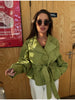 Streetwear Green Belted Jacket Stand Collar Puff Sleeve Cropped Coat Y2k Cool Girl Spring Autumn Casual Outerwear