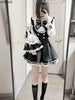 Japanese Y2 Aesthetics Rhinestone Bow Dress Shorts Set Women Gothic Lolita Style Long Sleeve Shirt Dresses Party Slim Mini Dress