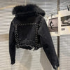Real Fur Denim Jacket Women Autumn Fried Street Style Natural Fox Fur Collar + Rabbit Fur Liner Warm Rivet Short Jean Coat