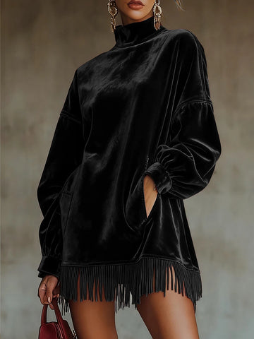 Women Velvet Tassel Hem Mini Dress Pockets Turtleneck Loose Chic Lantern Sleeve Solid Casual Elegant Autumn Vintage Dress