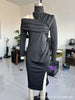 Women's White Off Shoulder Asymmetric Bodycon Dresses Autumn High Collar Cutout Long Sleeve Ruched Slit Slim Midi Dress