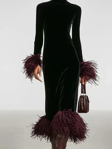 Temperament Simple Banquet Dress Vintage Turtleneck Long Sleeve Slim Feather Spliced Dress Elegant Lady High Waist Bodycon Dress