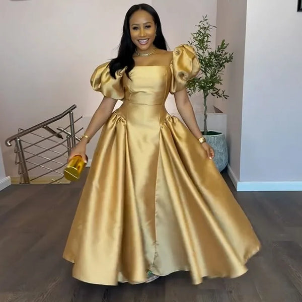 Puff Sleeve Elegant Dress for Women's Square Collar Gold Solid Pleated A-line Evening Party Cocktail Long Dresses