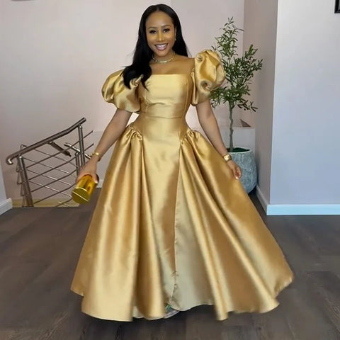 Puff Sleeve Elegant Dress for Women's Square Collar Gold Solid Pleated A-line Evening Party Cocktail Long Dresses