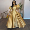 Puff Sleeve Elegant Dress for Women's Square Collar Gold Solid Pleated A-line Evening Party Cocktail Long Dresses