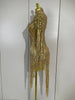 Sparkly Rhinestones Tassel Sexy See-Through Dress Women One Shoulder Latin Dance Outfits Bars Nightclub Party Stage Costume