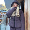 Women Peplum Ski Jackets Hooded Stand Collar Belt Waist Zipper Solid Puffer Jacket Sheath Warm Sport Winter Skiwear