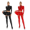 Women Glossy 2-piece PU Leather Club Outfits Long Sleeve Front Zipper Crop Jacket and Pleated Miniskirt Set for Pole Dance Raves