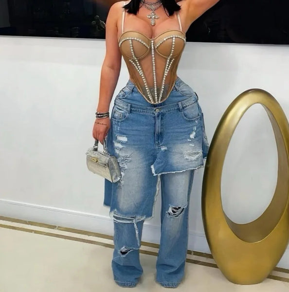 Women's Patchwork Asymmetric Jeans High Street Holes Wide Leg Vintage Casual Streetwear Denim Trousers