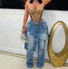 Women's Patchwork Asymmetric Jeans High Street Holes Wide Leg Vintage Casual Streetwear Denim Trousers