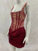 Lace Corset Mini Dress Women Square Neck Wide Strap Ruched Satin Bodycon Short Dress Club Party Cocktail Vestidos