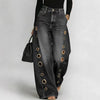 Women Faux Denim Wide Leg Pants High Waist Floral Print Eyelet Hole Decor Loose Baggy Trousers Vintage Street Long Pants