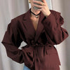 Women's Blazer with Style Spring Autumn European Elegant Commuter Look with Waist-Tie Belt Padded Shoulders