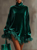 Women Turtleneck Velvet Dress Vintage Ruffled Lace Splicing Long Sleeve Casual Elegant Mini Oversized Dress Spring Clothes