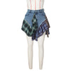 Women Plaid Denim Patchwork Streamer Irregular A-line Mini Skirt Street Female Classic Jeans Cargo Skirts