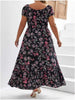 Women Plus Size Floral Maxi Dress Elastic High Waist Loose Square Neck Puff Sleeve Split Dress Casual All-Season Streetwear