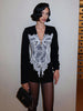 Basic Jacquard Patchwork Jacket Women V-Neck Single-Breasted Full Sleeve Fall Office Street Skinny Chic Crop Coat
