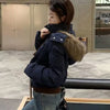 Korean Fur Collar Hooded Parkas Ladies Design Cropped Cotton Padded Winter Jacket Female Blue Casual Warm Parka Coats