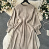 Loose Casual Knit Long Dress Women Solid Elastic Waist Lantern Sleeve O Neck Ladies Winter Sweater Dresses