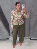 Women Cropped Floral Print Jacket Stand Collar Long Sleeve Button Front Pockets Vintage Loose Short Coat Autumn Chic Blazer