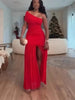 Women One Shoulder Skew Neck High Split Pleated Hem Bodycon Long Maxi Dress Evening Sexy Club Party Long Maxi Dresses