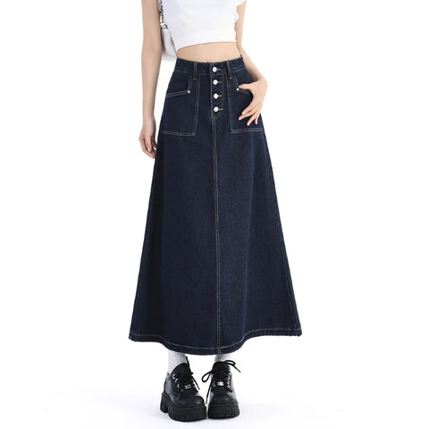 High Waist Denim Skirt Women Autumn Single Buttons Long Skirt Women Korean Style Casual Jeans Skirts Womens