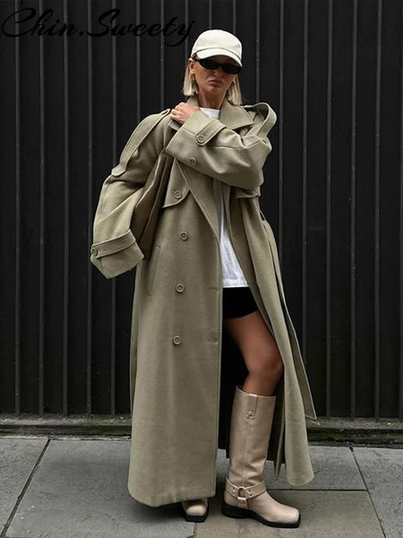 Casual Solid Long Women Coat Urban Full Sleeve Belt Double Breasted Female Jacket Autumn Winter Chic Lady Streetwear