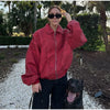 Solid Patchwork Cropped Coat Women Lapel Long Sleeve Loose Zipper Pockets Jacket Autumn Lady Casual Street Outerwear