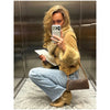 Women Suede Faux Fur Trim Jacket Fur Lapel Collar Cuffs Double Breasted Fitted Waist Long Sleeve Coats Vintage Warm Winter Coat