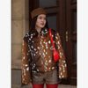 Women Deer Spot Print Faux Fur Cropped Jacket Stand Collar Dark Fur Cuff Button Up Short Coat Vintage Winter Street Outerwear