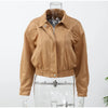 Retro Brown Suede Lapel Zippered Short Jackets Women's Casual Full Sleeves Pocket Loose Coats Spring Daily Commute Outwear