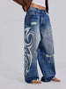 Deeptown Vintage Y2k Ripped Jeans Women Harajuku Print Blue Baggy Distressed Denim Trousers Hip Hop Grunge Streetwear Wide Jeans