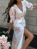V-neck Organza Floral Chiffon Puff Sleeve Slit Long Dress Bodycon High Slit Bodycon Sexy Dresses Lady Chic Daily Sweet Date Robe