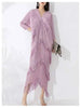 High End Pleated Maxi Dress Women V Neck Batwing Sleeves Stitching Color Tassel Elegant Dresses Ladies Clothes 2DA1641