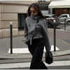Grey Lapel Woolen Blend Short Coat Women Solid Single Breasted Long Sleeves Pockets Loose Jacket Lady Autumn Street Outerwear